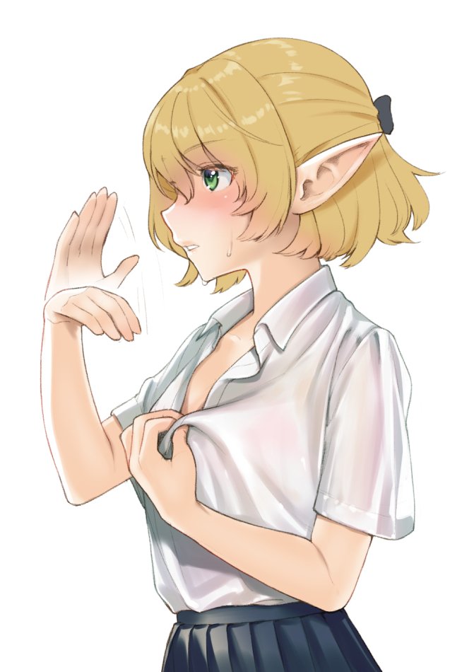 afterimage alternate_costume black_skirt blonde_hair blush collared_shirt contemporary fanning_face from_side green_eyes hot mizuhashi_parsee pointy_ears profile shirt shirt_grab sho_shima short_hair simple_background skirt solo sweat touhou upper_body white_background white_shirt wing_collar