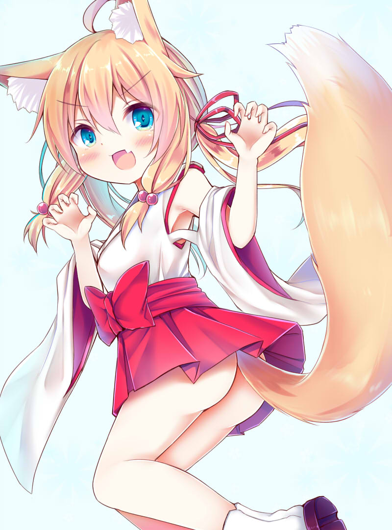 :d ahoge animal_ear_fluff animal_ears ass bangs blonde_hair blue_background blue_eyes blush bow breasts brown_footwear claw_pose commentary_request esureki eyebrows_visible_through_hair fang fox_ears fox_girl fox_tail hair_between_eyes hair_bobbles hair_ornament hair_ribbon hakama hakama_skirt hands_up japanese_clothes kimono long_hair looking_at_viewer low_twintails open_mouth original red_bow red_hakama red_ribbon ribbon shoe_soles short_kimono sidelocks small_breasts smile solo table tail twintails v-shaped_eyebrows white_kimono white_legwear
