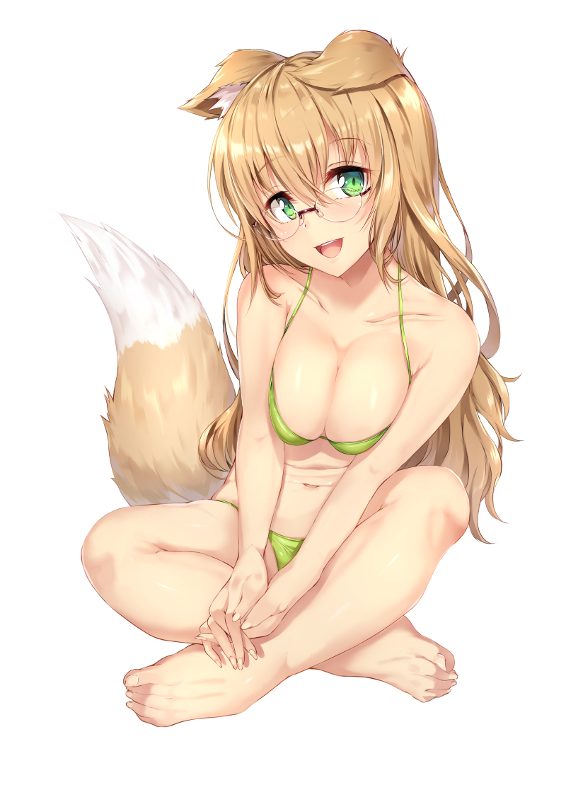 :d animal_ear_fluff animal_ears bangs bare_arms bare_legs bare_shoulders barefoot bikini blush breasts cleavage collarbone commentary_request dog_ears dog_girl dog_tail eyebrows_visible_through_hair fingernails full_body glasses green_bikini green_eyes hair_between_eyes halter_top halterneck head_tilt light_brown_hair long_hair looking_at_viewer medium_breasts nakatokung navel open_mouth original simple_background sitting smile solo swimsuit tail toenails very_long_hair white_background