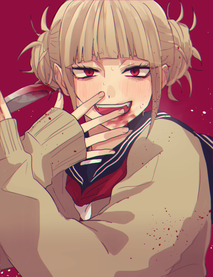 1girl bangs blonde_hair blood bloody_knife bloody_weapon blunt_bangs blush boku_no_hero_academia cardigan double_bun fangs hair_bun knife messy_hair open_mouth red_eyes school_uniform serafuku solo toga_himiko upper_body weapon