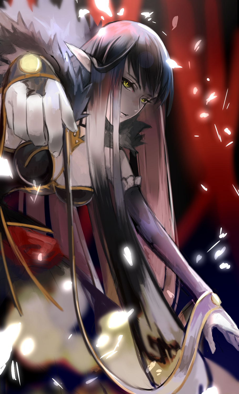 black_dress black_hair breasts bridal_gauntlets chi4co0820 cleavage commentary_request detached_sleeves dress fate/apocrypha fate/grand_order fate_(series) fur_trim highres large_breasts long_dress long_hair looking_at_viewer pointy_ears semiramis_(fate) very_long_hair yellow_eyes