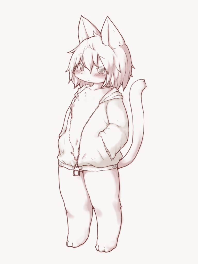 ambiguous_gender blush cat child cub feline hands_in_pocket kitsunepurin line_art male mammal navel nipples open_jacket simple_background standing young