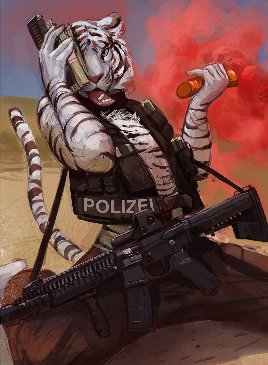 feline flare_(object) gun male mammal police ranged_weapon rifle solo tacklebox tiger weapon white_tiger