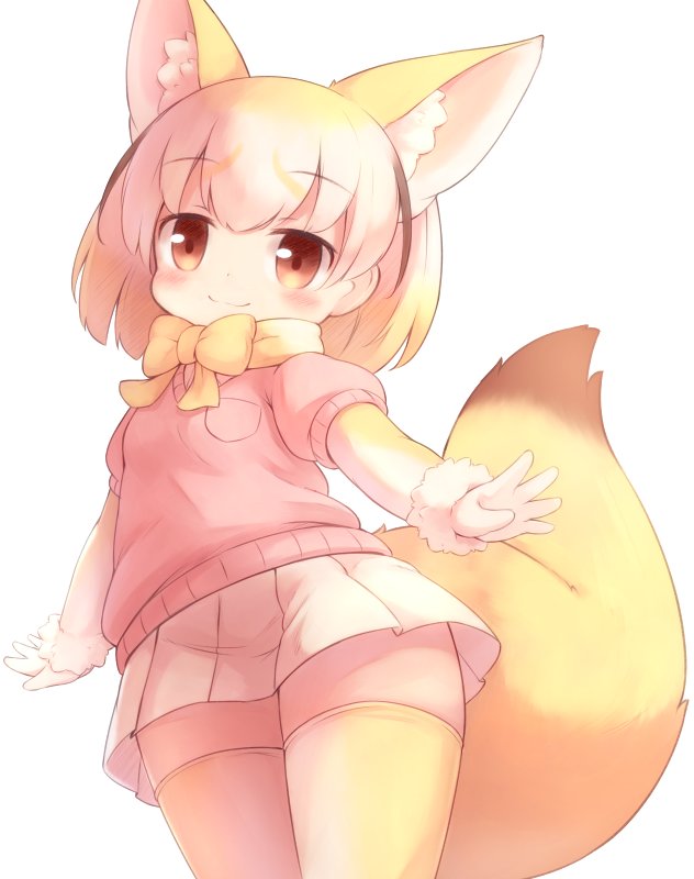 animal_ears blonde_hair blush bow bowtie breast_pocket breasts commentary elbow_gloves extra_ears eyebrows_visible_through_hair fennec_(kemono_friends) fox_ears fox_tail fur_trim gloves kemono_friends light_smile matsuu_(akiomoi) multicolored_hair pink_sweater pleated_skirt pocket simple_background skirt small_breasts solo standing sweater tail tareme thighhighs white_background white_hair white_skirt yellow_legwear yellow_neckwear zettai_ryouiki