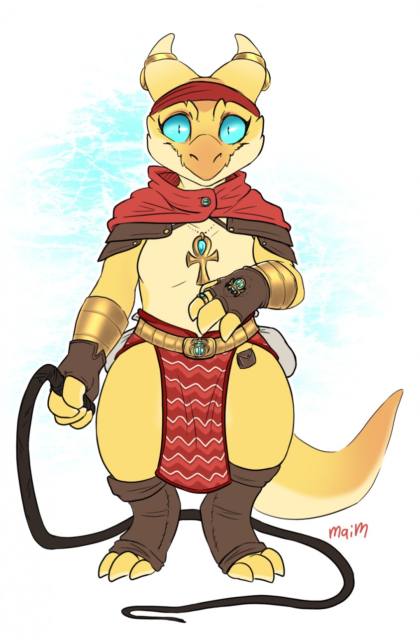 2018 ankh anthro bedroom_eyes belly claws clothing digital_media_(artwork) dungeons_&amp;_dragons egyptian half-closed_eyes kobold looking_at_viewer maim male navel reptile scales scalie seductive simple_background sirocco smile solo thick_thighs whip white_background wide_hips