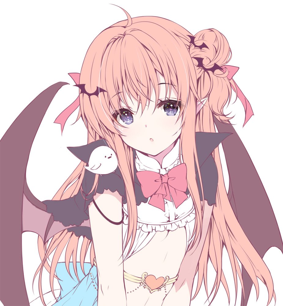 :o ahoge bangs bat_hair_ornament belt black_capelet blue_eyes bow bowtie capelet center_opening commentary_request dress eyebrows_visible_through_hair ghost hair_bun hair_ornament hair_ribbon heart long_hair looking_at_viewer miwabe_sakura one_side_up original parted_lips pink_hair pink_neckwear pink_ribbon pointy_ears ribbon short_sleeves sidelocks simple_background solo stomach upper_body white_background white_dress wings