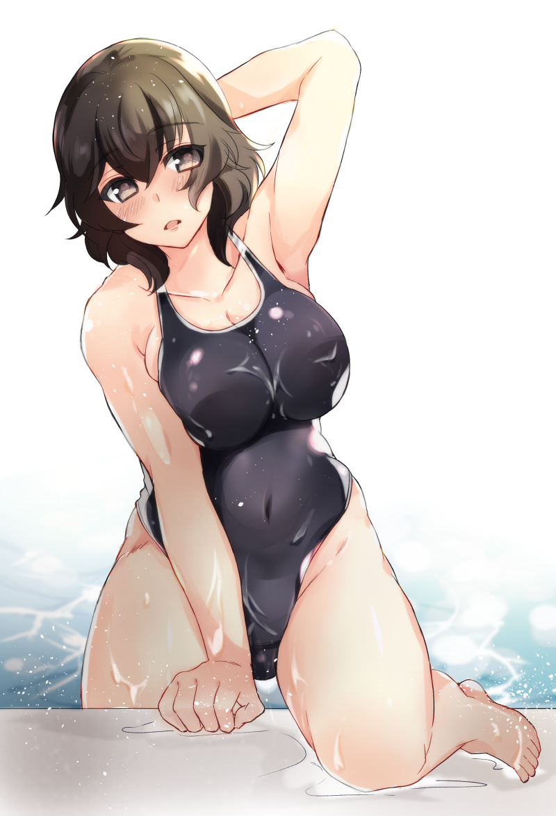 abenattou arm_support armpits arms_behind_head bangs barefoot black_swimsuit blush breasts brown_eyes brown_hair caesar_(girls_und_panzer) cleavage climbing commentary competition_swimsuit covered_navel eyebrows_visible_through_hair girls_und_panzer head_tilt highleg highleg_swimsuit large_breasts leg_up legs light_frown light_particles lips looking_at_viewer medium_hair one-piece_swimsuit open_mouth pool solo standing swimsuit wet wet_clothes wet_swimsuit