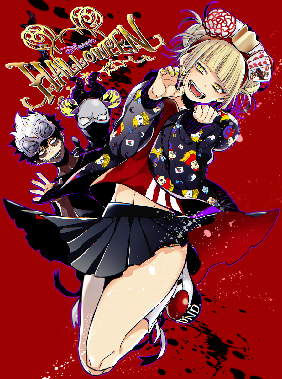 2boys blonde_hair boku_no_hero_academia bubaigawara_jin card dabi_(boku_no_hero_academia) dandel highres mask multiple_boys playing_card scar skirt source_request stitches toga_himiko yellow_eyes