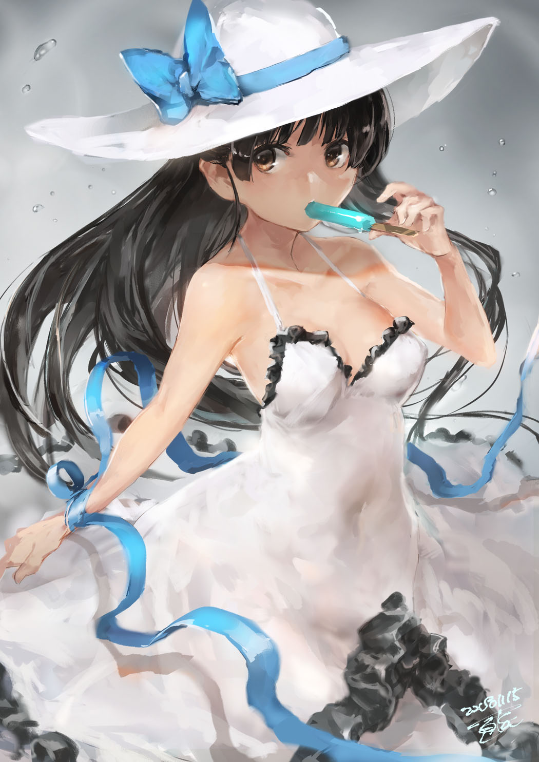 bangs black_hair blue_ribbon blush breasts brown_eyes commentary_request covered_navel dated dress floating_hair food hat hat_ribbon highres holding holding_food kantai_collection long_hair popsicle ribbon shouhou_(kantai_collection) sidelocks signature sleeveless sleeveless_dress solo sun_hat toka_(marchlizard) water_drop white_dress white_hat wrist_ribbon