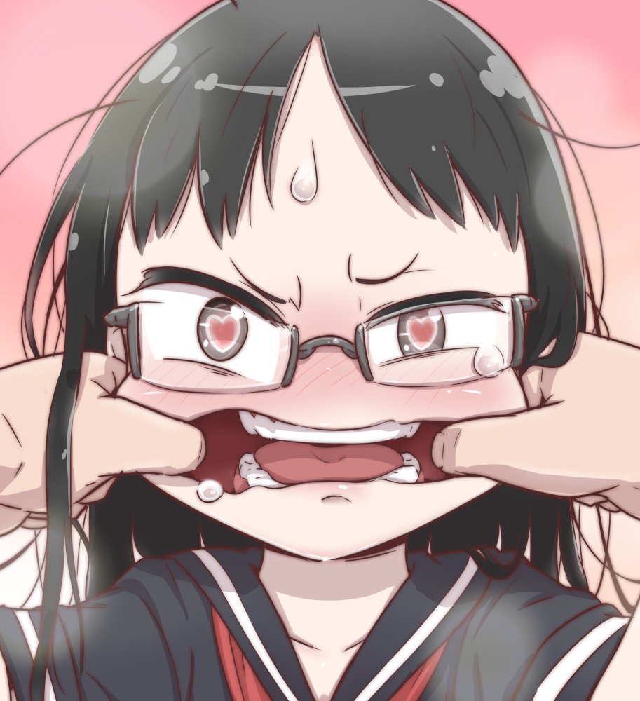 1girl black_hair blush finger_in_mouth glasses heart heart-shaped_pupils mouth mouth_pull open_mouth school_uniform spread_mouth sweatdrop symbol-shaped_pupils teeth tokkyuu_mikan tongue