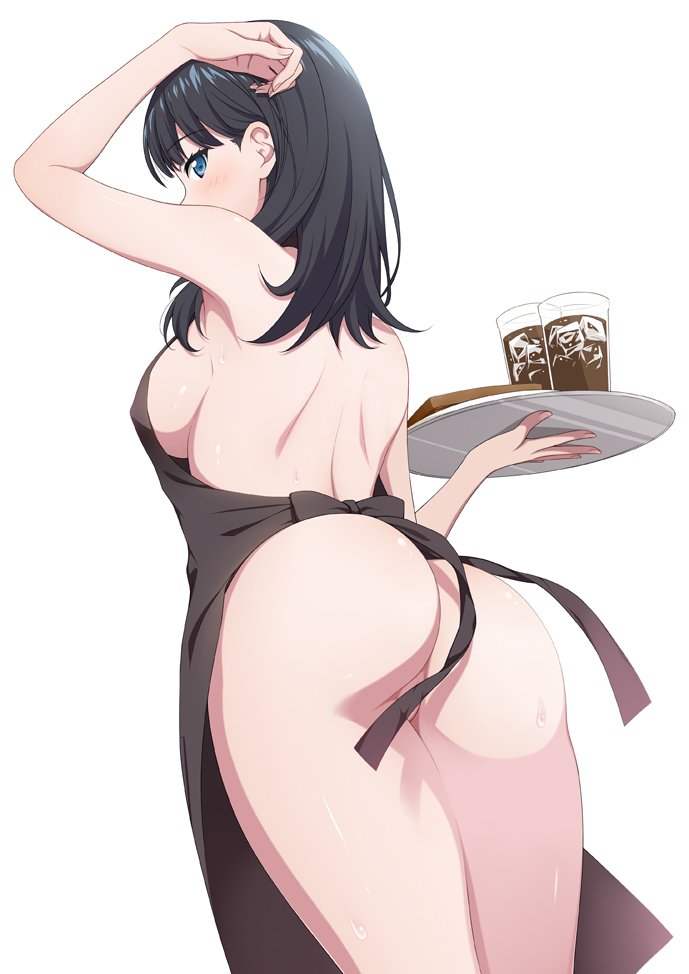 apron arm_up ass back black_hair blue_eyes breasts convenient_censoring covered_nipples cup drinking_glass from_behind hand_up holding holding_tray ice ice_cube medium_breasts medium_hair miel_(lessontome) naked_apron sideboob simple_background solo ssss.gridman standing sweat takarada_rikka tray white_background