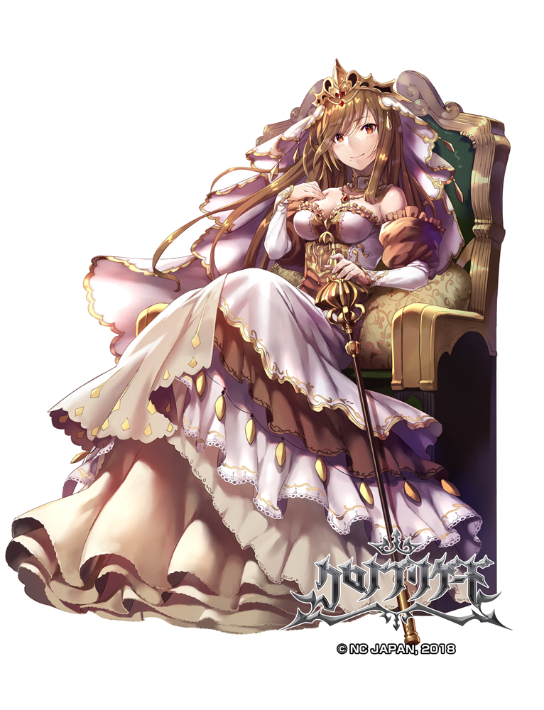 bare_shoulders breasts brown_hair chair chrono_brigade cleavage detached_collar detached_sleeves dress gabiran hand_up long_hair medium_breasts official_art puffy_sleeves scepter simple_background sitting solo watermark white_background white_dress