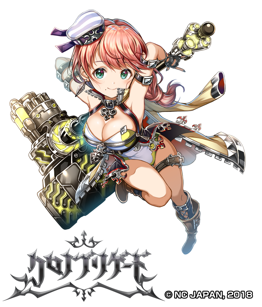 2018 aqua_eyes arm_belt armpits arms_up blush boots breasts brown_footwear chrono_brigade cleavage commentary_request full_body gloves hammer hat large_breasts logo long_hair looking_at_viewer mole mole_under_mouth nishizawa official_art smile watermark white_background white_hat