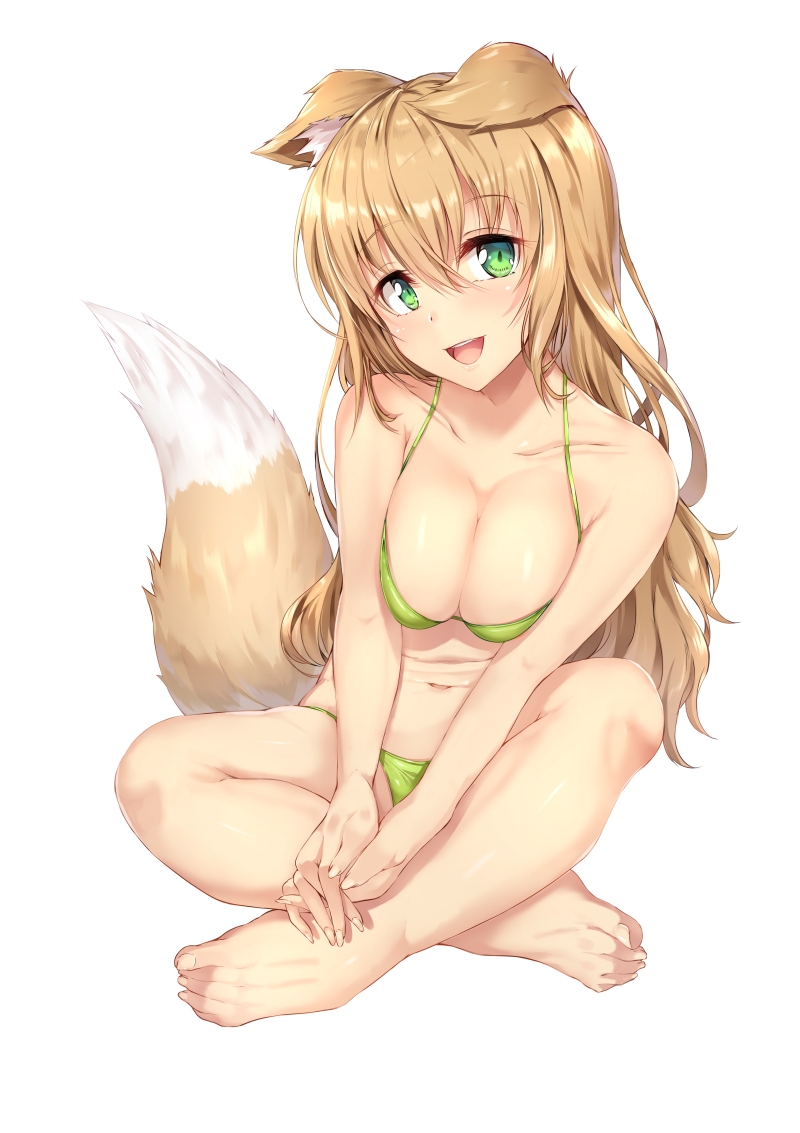 :d animal_ear_fluff animal_ears bangs bare_arms bare_legs bare_shoulders barefoot bikini blush breasts cleavage collarbone dog_ears dog_girl dog_tail eyebrows_visible_through_hair fingernails full_body green_bikini green_eyes hair_between_eyes halter_top halterneck head_tilt light_brown_hair long_hair looking_at_viewer medium_breasts nakatokung navel open_mouth original simple_background sitting smile solo swimsuit tail toenails very_long_hair white_background