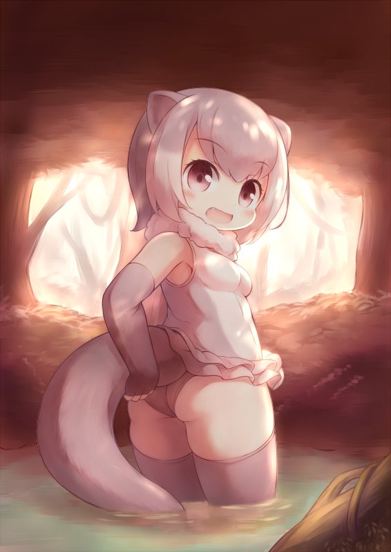 animal_ears ass bangs bare_shoulders blush breasts brown_eyes commentary elbow_gloves eyebrows_visible_through_hair eyelashes fang fingerless_gloves frilled_swimsuit frills fur_collar gloves grey_legwear grey_swimsuit kemono_friends looking_at_viewer looking_back matsuu_(akiomoi) one-piece_swimsuit open_mouth otter_ears otter_tail outdoors short_hair small-clawed_otter_(kemono_friends) small_breasts solo standing swimsuit tail tareme thighhighs tree tree_shade wading