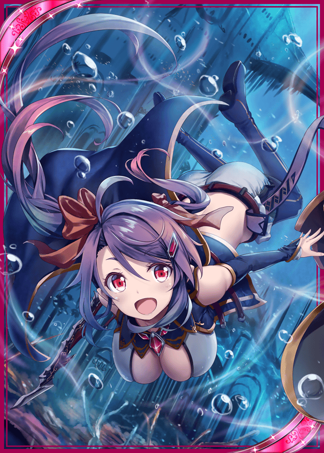 :d akkijin ass boots breasts bubble card_(medium) castle cleavage coral gem hair_ornament hair_ribbon large_breasts long_hair official_art open_mouth orange_ribbon ponytail purple_hair red_eyes ribbon shinkai_no_valkyrie short_shorts shorts smile soles swimming thighhighs underwater weapon
