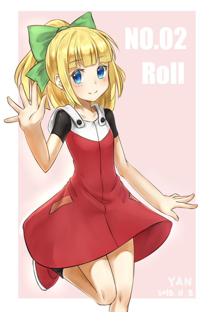 2578221183 bangs blonde_hair blue_eyes blunt_bangs blush bow character_name commentary_request dress eyebrows_visible_through_hair green_bow hair_bow hair_ornament hood hood_down hooded_dress leg_up long_hair ponytail red_dress red_footwear rockman rockman_(classic) rockman_11 roll sidelocks simple_background smile solo waving
