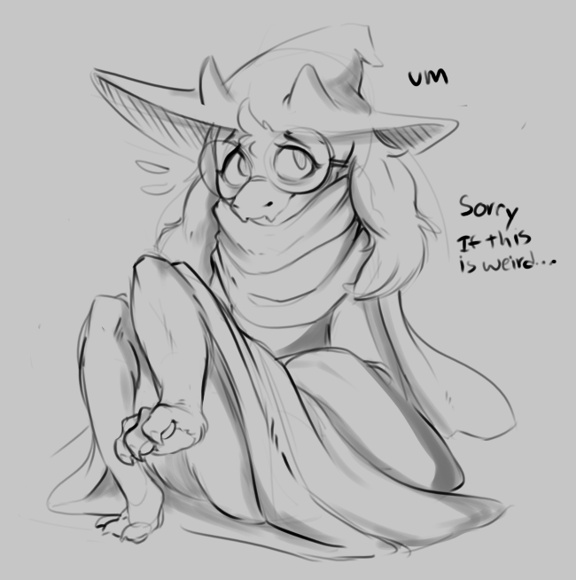 2018 3_toes anthro biped bottomless butt caprine claws clothed clothing deltarune digital_media_(artwork) embarrassed english_text featureless_crotch floppy_ears flustered fur goat hat head_tuft horn long_ears looking_away mammal middry monochrome monster pawpads paws ralsei robe scarf sitting sketch smile solo sweat sweatdrop teasing text toe_claws toes video_games witch_hat