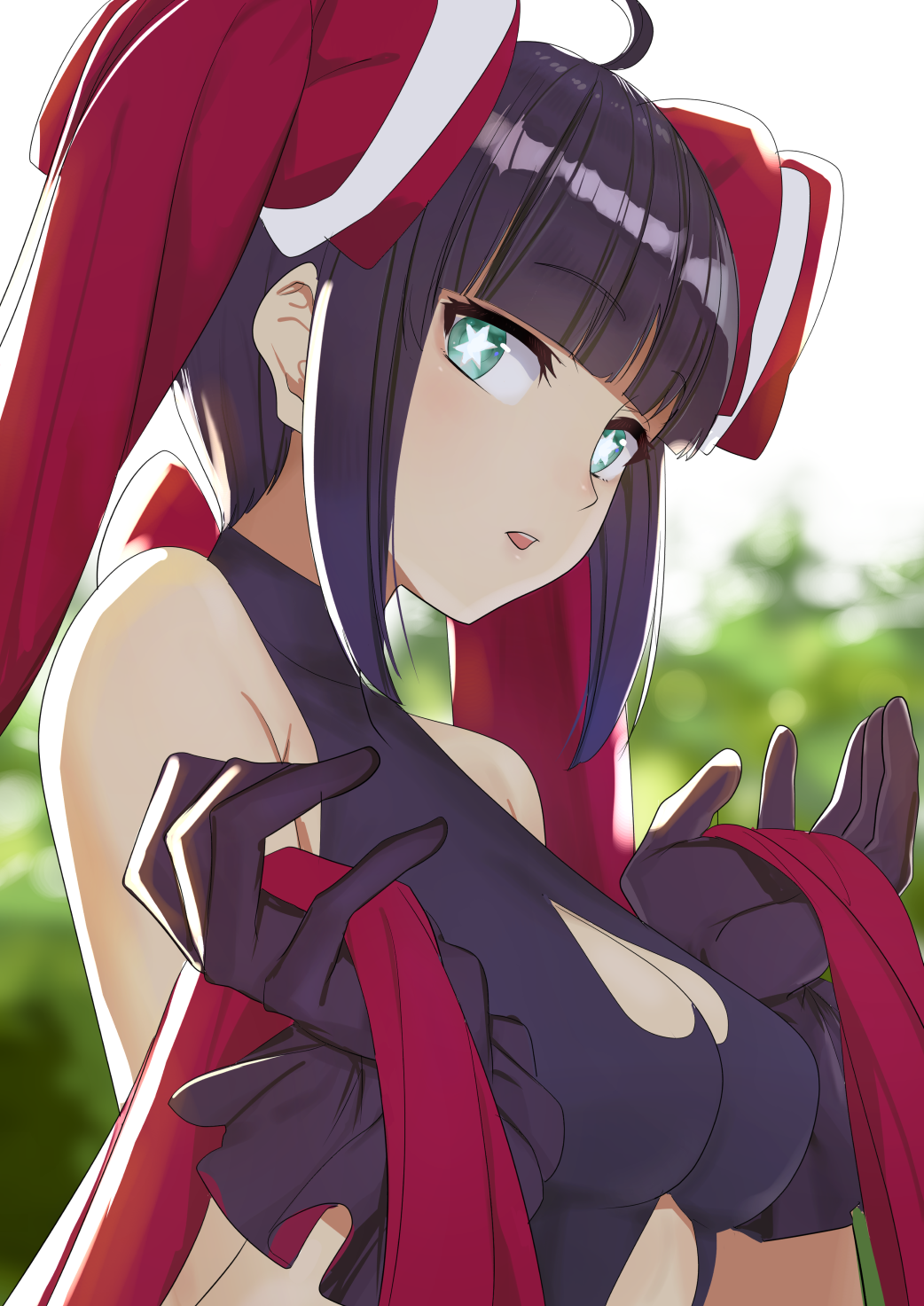 ahoge bangs bare_shoulders black_gloves black_hair blunt_bangs bow breasts bustier cleavage cleavage_cutout gloves green_eyes heart_cutout highres long_hair looking_at_viewer mahou_shoujo_chia_chia_channel mea_(mahou_shoujo_chia_chia_channel) medium_breasts momosuke_(ishakry) open_mouth outdoors red_bow solo star star-shaped_pupils symbol-shaped_pupils virtual_youtuber