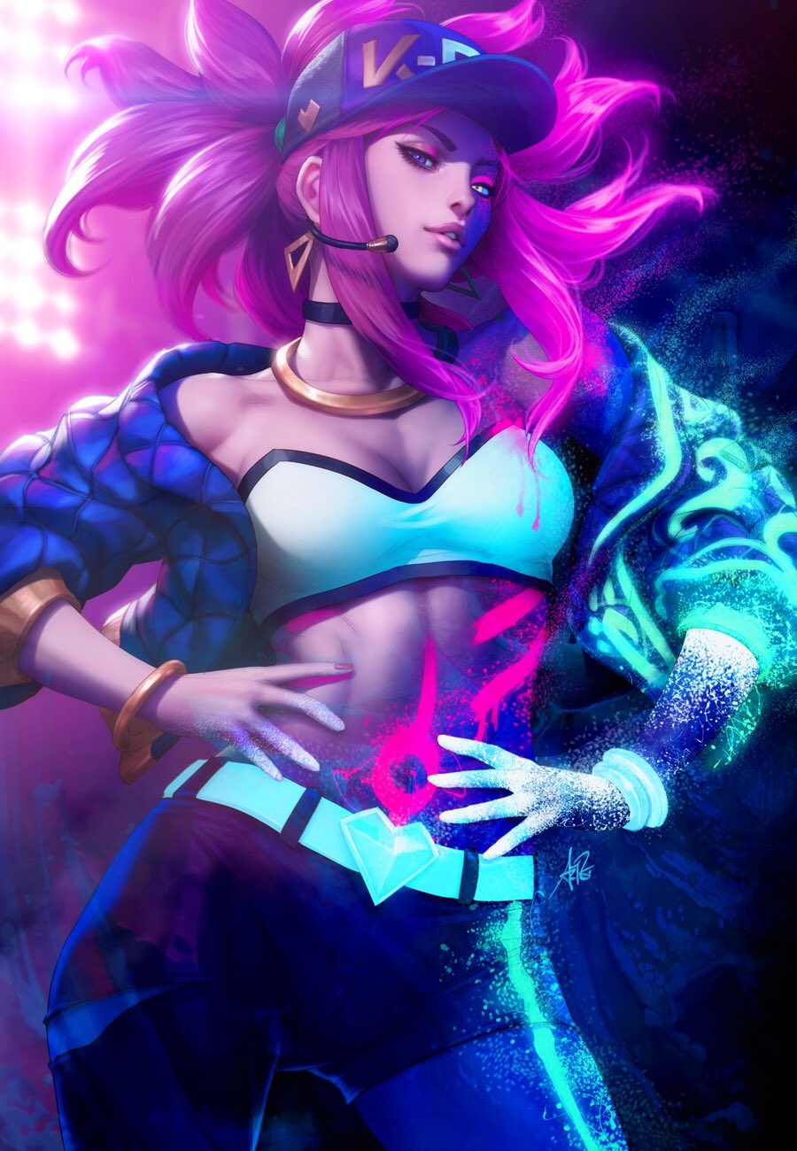 akali baseball_cap belt bracelet breasts choker cleavage commentary crop_top english_commentary hands_on_hips hat highres jacket jewelry k/da_(league_of_legends) k/da_akali league_of_legends long_hair looking_at_viewer microphone midriff multicolored multicolored_eyes navel ponytail purple_hair short_shorts shorts solo standing stanley_lau stomach ultraviolet_light