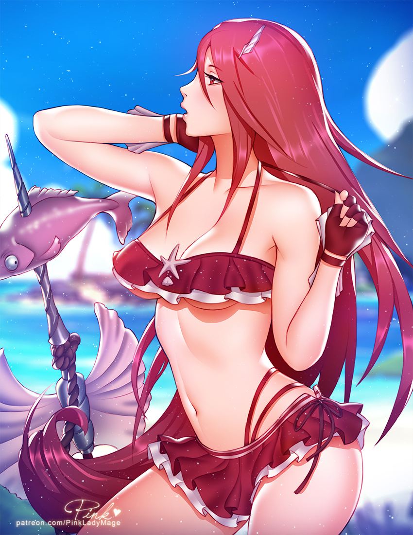 artist_name bare_shoulders bikini bikini_skirt blue_sky blurry blurry_background breasts commentary day english_commentary fingerless_gloves fire_emblem fire_emblem:_kakusei fire_emblem_heroes fish gloves hair_ornament hairclip long_hair looking_away medium_breasts multi-strapped_bikini navel outdoors parted_lips pink_lady_mage profile pulled_by_self red_eyes red_hair signature sky solo strap_pull swimsuit tiamo underboob very_long_hair