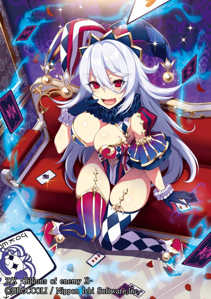 :d black_gloves blush card fang gloves hat jester_cap knees_together_feet_apart leotard long_hair looking_at_viewer mismatched_legwear navel navel_cutout official_art open_mouth red_eyes silver_hair sitting smile solo thighhighs very_long_hair z/x zeroshiki_kouichi