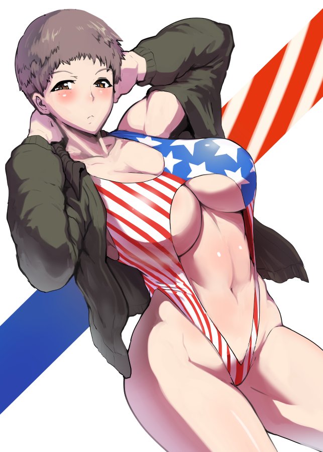 american_flag american_flag_print arms_behind_head arms_up bangs blush breasts brown_eyes brown_hair center_opening cleavage flag_print freckles girls_und_panzer highleg highleg_swimsuit huge_breasts jacket naomi_(girls_und_panzer) navel one-piece_swimsuit open_clothes open_jacket sasaki_tatsuya short_hair solo swimsuit toned underboob very_short_hair