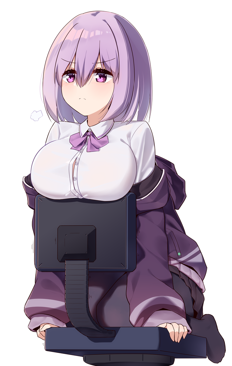 =3 bangs black_legwear blush bow bowtie breast_rest breasts button_gap collared_shirt commentary ddt_(darktrident) eyebrows_visible_through_hair hair_between_eyes highres jacket kneeling large_breasts lavender_hair long_sleeves off_shoulder on_chair pantyhose partially_unbuttoned pout purple_bow purple_eyes purple_hair purple_jacket purple_neckwear shinjou_akane shirt short_hair simple_background sleeves_past_wrists solo ssss.gridman uniform white_background white_shirt wing_collar