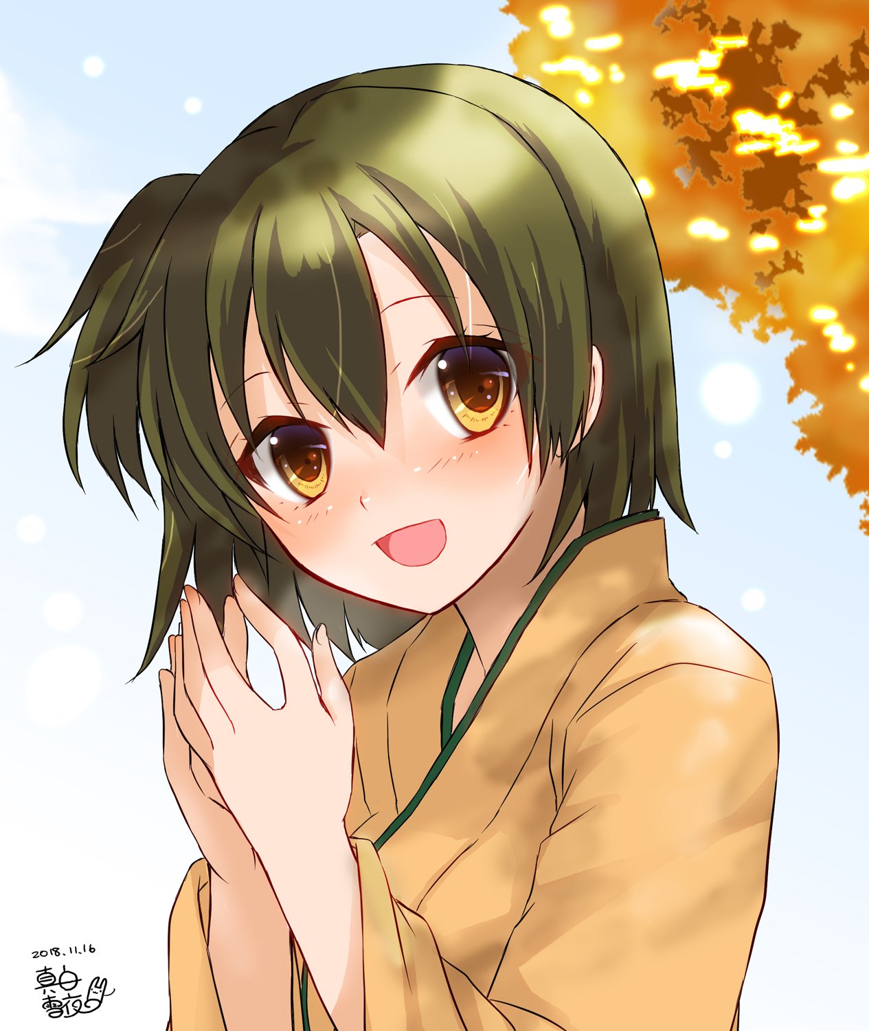 1girl :d autumn_leaves bangs blush brown_hair commentary_request dated day eyebrows_visible_through_hair hair_between_eyes hands_up highres hiryuu_(kantai_collection) japanese_clothes kantai_collection kimono light_particles looking_at_viewer looking_to_the_side one_side_up open_mouth orange_kimono outdoors short_hair signature smile solo tree upper_body yellow_eyes