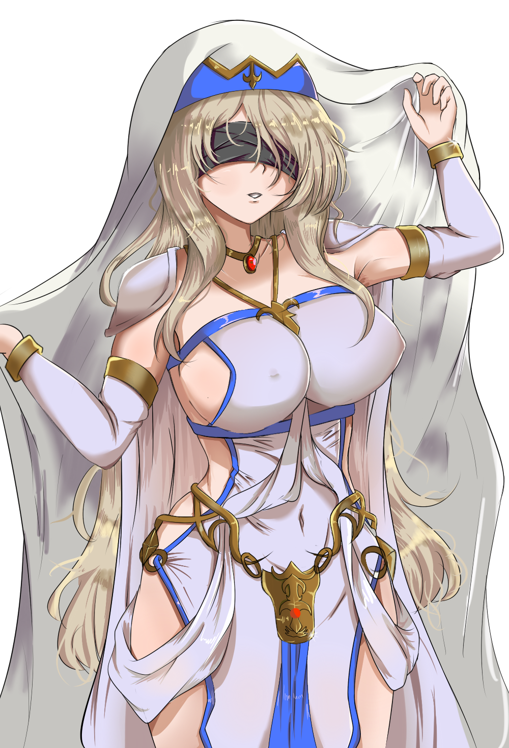 bangs blindfold blonde_hair blush breasts cloak covered_navel covered_nipples detached_sleeves dress goblin_slayer! highres jewelry large_breasts long_hair messy_hair necklace no_bra no_panties parted_lips revealing_clothes side_slit sideboob smile sword_maiden veil very_long_hair whin white_dress