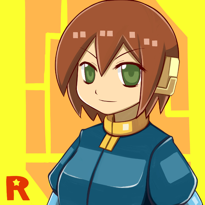 aile breasts brown_hair commentary_request green_eyes jacket robot_ears rockman rockman_zx shin_ala short_hair smile solo