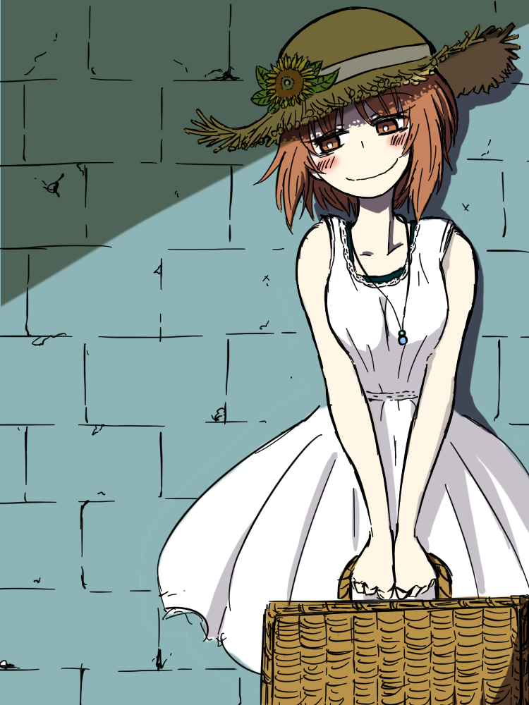 against_wall bangs blush brick_wall brown_eyes brown_hair brown_hat closed_mouth commentary_request cowboy_shot dress flower girls_und_panzer half-closed_eyes hat hat_flower head_tilt holding jewelry looking_at_viewer medium_dress necklace nishizumi_miho noumen picnic_basket shadow short_hair sleeveless sleeveless_dress smile solo standing straw_hat sunflower v_arms white_dress white_pupils