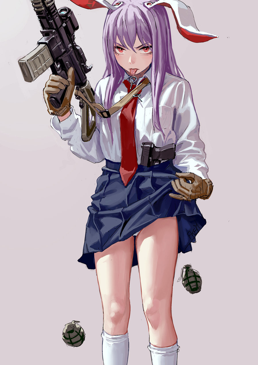 animal_ears assault_rifle bangs blue_skirt breast_pocket brown_gloves bunny_ears commentary explosive feet_out_of_frame fkey gloves grenade grey_background gun hair_between_eyes hand_up handgun highres holding holding_gun holding_weapon kneehighs long_hair looking_at_viewer m4_carbine miniskirt necktie panties panty_peek pistol pocket purple_hair red_eyes red_neckwear reisen_udongein_inaba rifle shirt simple_background skirt skirt_hold solo standing thighs tongue tongue_out touhou underwear v-shaped_eyebrows weapon white_legwear white_panties white_shirt wing_collar