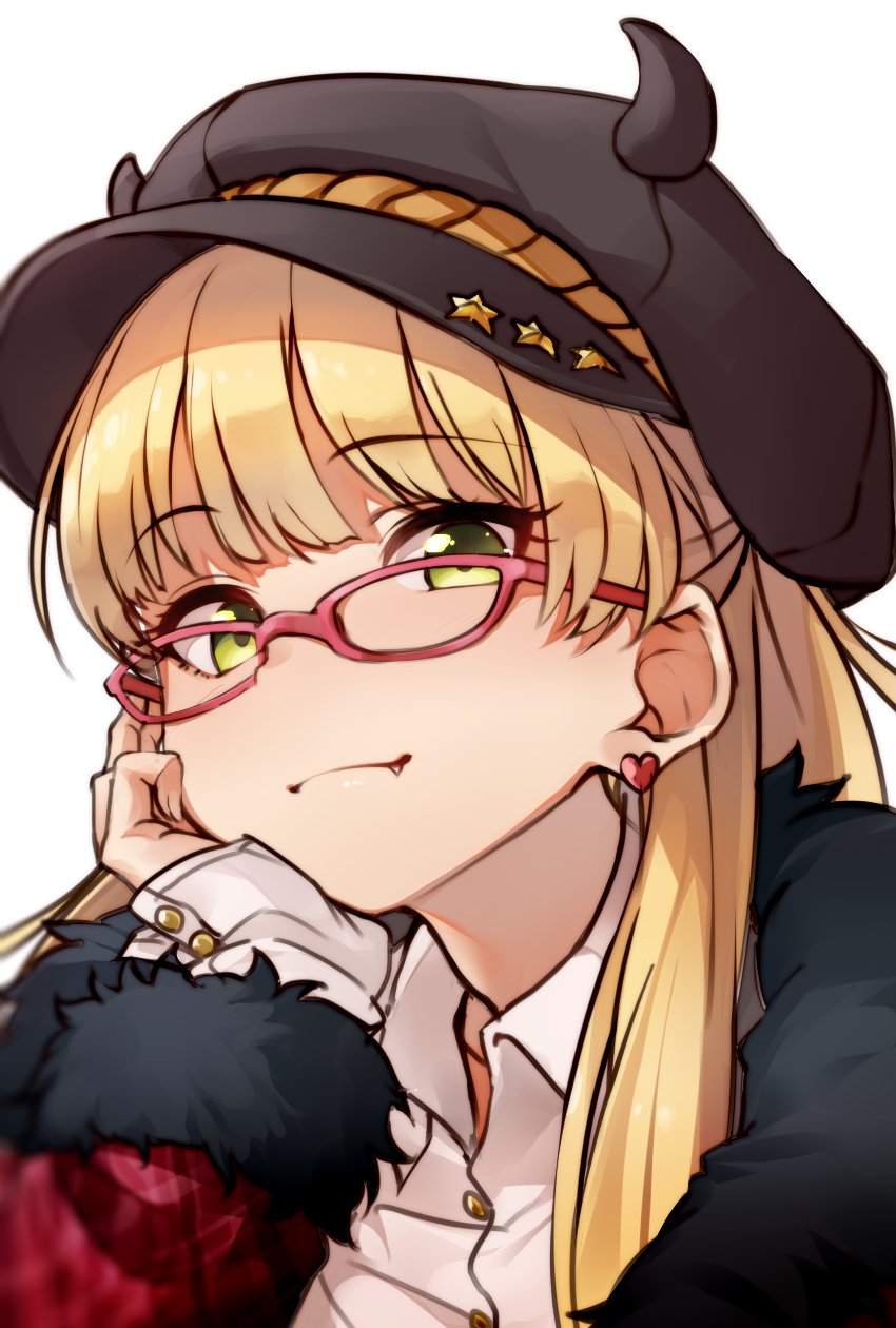 bespectacled blonde_hair cabbie_hat chin_rest close-up coat collared_shirt earrings eyebrows_visible_through_hair fang fur_trim glasses green_eyes hat heart heart_earrings highres horned_headwear idolmaster idolmaster_cinderella_girls jewelry jougasaki_rika kakaobataa long_hair looking_at_viewer open_collar pink-framed_eyewear shirt simple_background sleeves_past_wrists smile solo star stud_earrings upper_body white_background