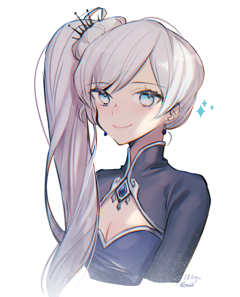 alternate_costume artist_name blue_eyes breasts cleavage earrings ecru hair_ornament jewelry long_hair rwby scar scar_across_eye small_breasts smile solo weiss_schnee white_background white_hair