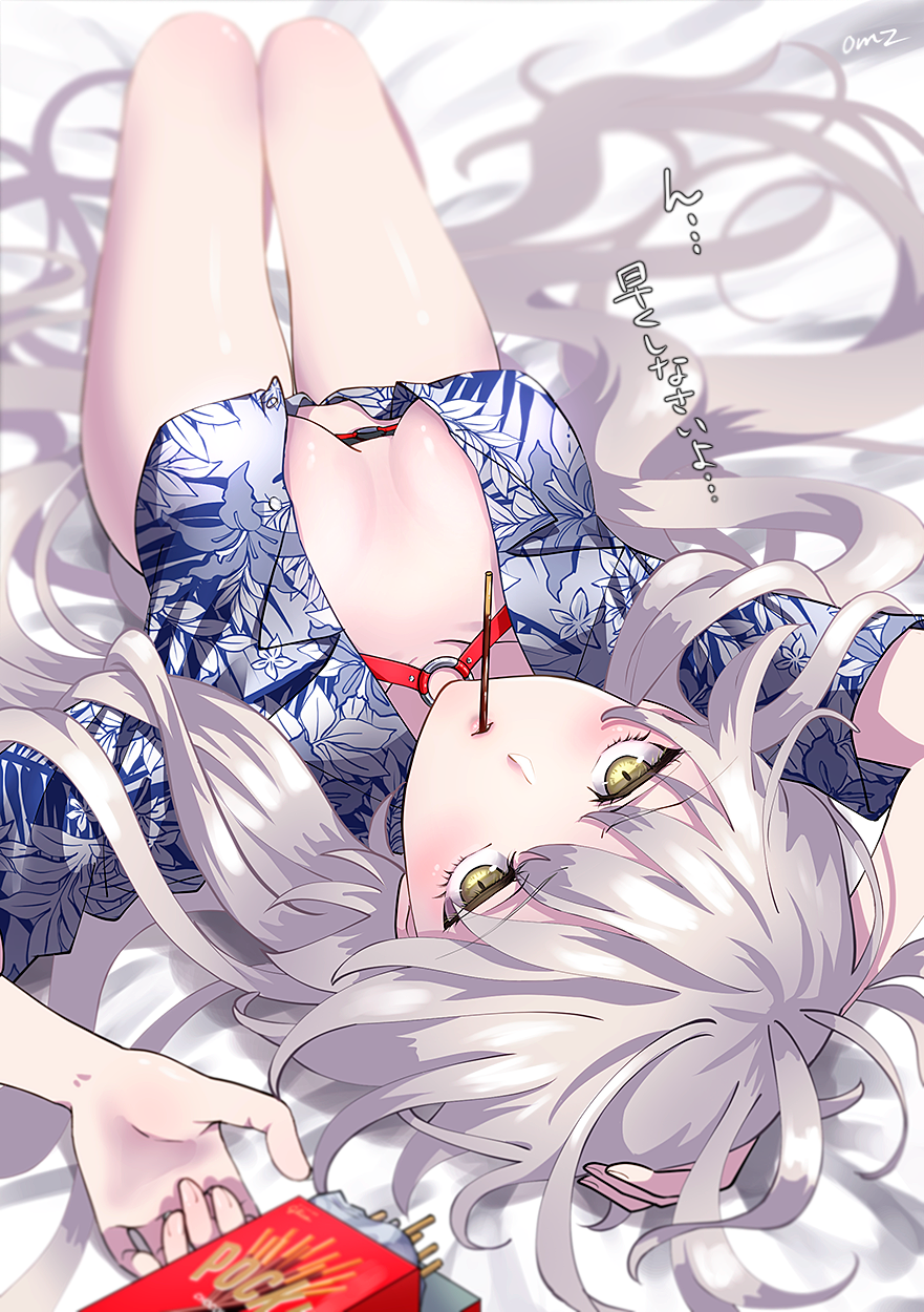 breasts cleavage fate/grand_order fate_(series) food hawaiian_shirt highres jeanne_d'arc_(alter_swimsuit_berserker) jeanne_d'arc_(fate)_(all) long_hair looking_at_viewer lying on_back pale_skin pocky shirt solo sushimaro very_long_hair white_hair yellow_eyes