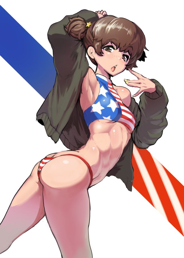 alisa_(girls_und_panzer) american_flag_bikini armpits ass bangs bikini breasts brown_eyes brown_hair butt_crack chestnut_mouth eyebrows_visible_through_hair flag_print freckles girls_und_panzer jacket looking_at_viewer nail_polish open_clothes open_jacket pose sasaki_tatsuya short_hair short_twintails small_breasts solo standing swimsuit tankini toned twintails underboob yellow_nails