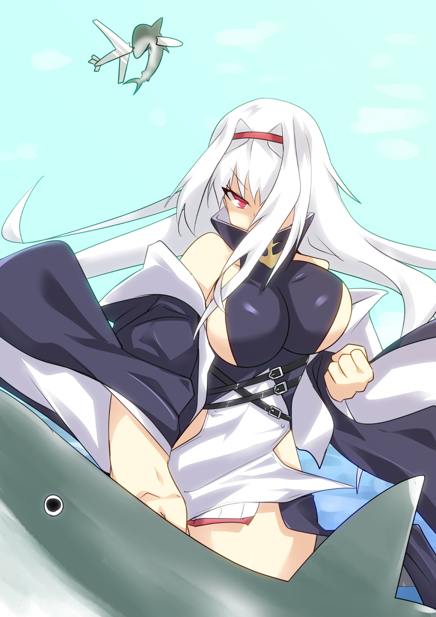 aircraft airplane azur_lane breasts colorado_(azur_lane) commentary_request hair_intakes hair_over_one_eye hairband highres large_breasts punching red_eyes red_hairband sangue_llia shaded_face shark sideboob white_hair