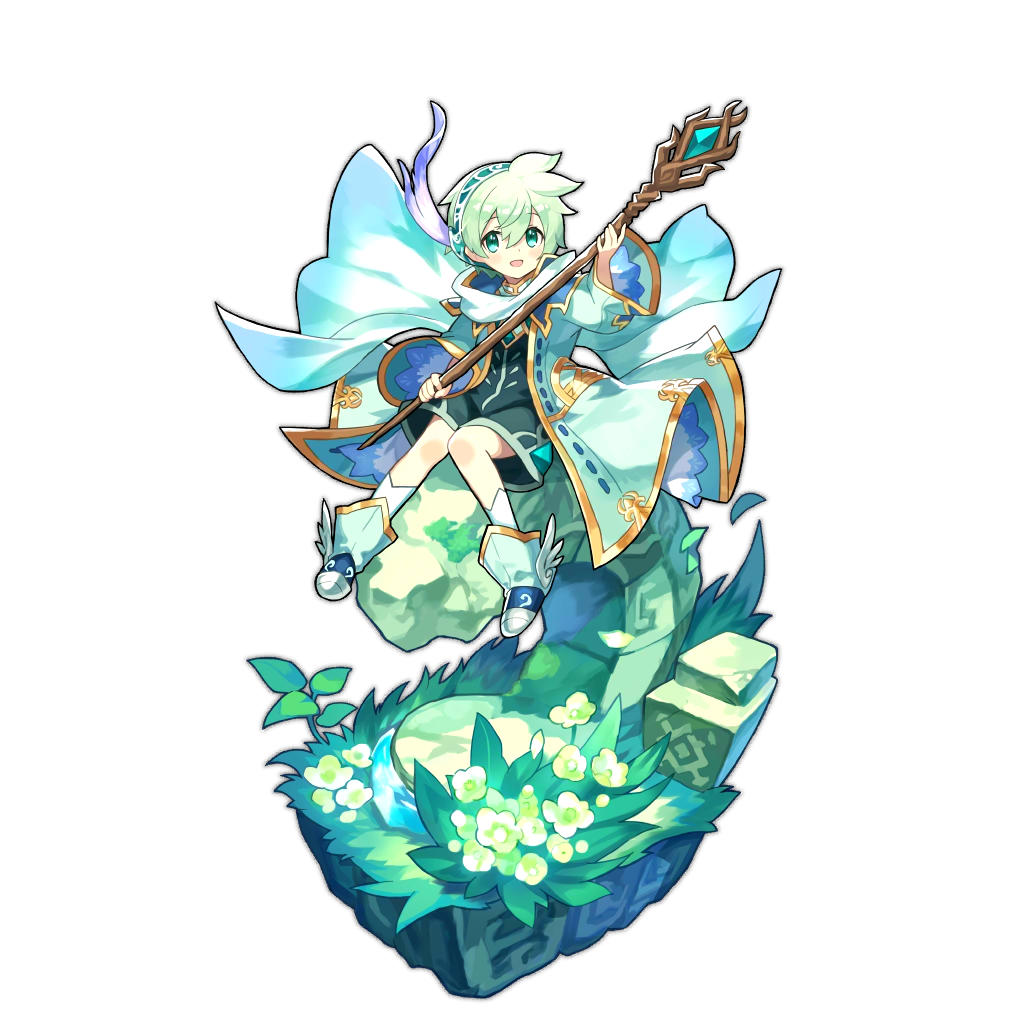 aqua_eyes artist_request dragalia_lost flower grass green_hair looking_at_viewer lowen_(dragalia_lost) official_art open_mouth shoes short_hair sitting smile socks staff wide_sleeves winged_shoes wings
