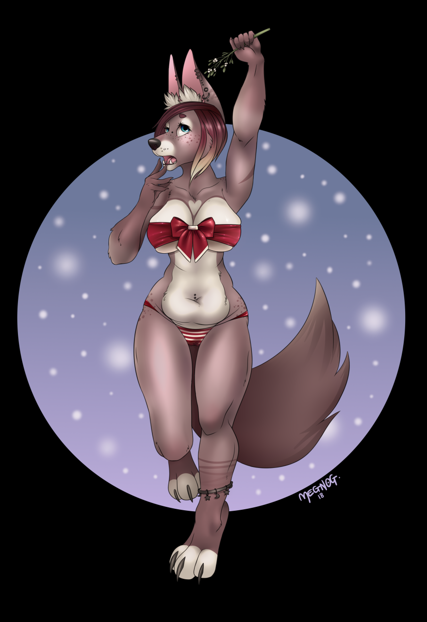2018 anthro belly blush bow breasts canine christmas clothed clothing ear_piercing female fox freckles fur hair holidays mammal megnog mistletoe nuna_tozzi open_mouth piercing plant slightly_chubby solo standing teeth tongue