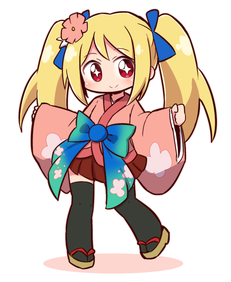 1girl bangs black_legwear blonde_hair blue_bow blush bow brown_footwear chibi closed_mouth commentary_request eyebrows_visible_through_hair flower full_body hair_bow hair_flower hair_ornament hands_up head_tilt japanese_clothes kimono long_hair long_sleeves naga_u pink_flower pink_kimono red_eyes red_skirt shadow short_kimono sidelocks skirt sleeves_past_wrists smile solo standing standing_on_one_leg suzume_(tanken_driland) tanken_driland thighhighs twintails white_background wide_sleeves zouri