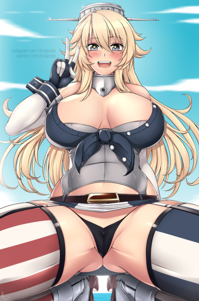 alina_pegova black_panties blonde_hair blue_eyes blue_legwear blush breasts cleavage crotch day hair_between_eyes halterneck headgear high_heels huge_breasts iowa_(kantai_collection) kantai_collection long_hair looking_at_viewer mismatched_legwear navel open_mouth outdoors panties red_legwear rudder_shoes skindentation solo squatting star star-shaped_pupils striped striped_legwear symbol-shaped_pupils underwear upper_body