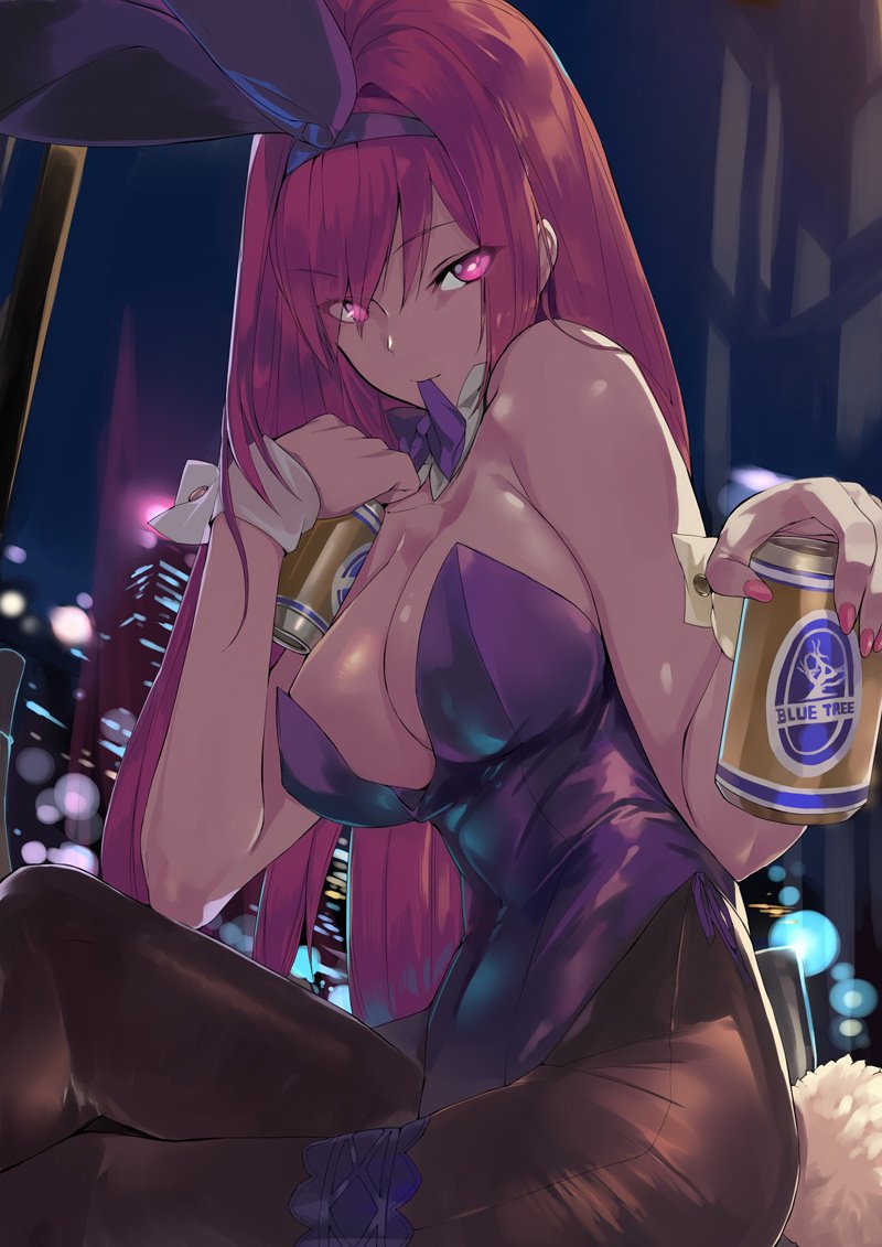 animal_ears beer_can black_legwear bow bowtie building bunny_ears bunnysuit can crossed_legs detached_collar fate/grand_order fate_(series) feet_out_of_frame leotard long_hair looking_at_viewer mouth_hold night ohland pantyhose purple_hair purple_leotard purple_neckwear red_eyes scathach_(fate)_(all) scathach_(fate/grand_order) sitting solo strapless strapless_leotard wrist_cuffs