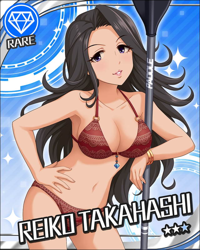 armpits beads bikini black_hair blue_background blue_eyes bracelet breasts card_(medium) character_name cleavage collarbone cowboy_shot diagonal-striped_background diagonal_stripes diamond_(symbol) flipped_hair gem gradient gradient_background halter_top halterneck hand_on_hip head_tilt hips holding idolmaster idolmaster_cinderella_girls jewelry lace lace-trimmed_bikini leaning_to_the_side lipstick long_hair looking_at_viewer makeup medium_breasts navel o-ring o-ring_bikini o-ring_top oar official_art outline pink_lipstick red_bikini sideboob smile solo sparkle standing star striped striped_background swimsuit takahashi_reiko very_long_hair