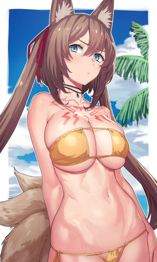 animal_ear_fluff animal_ears arm_at_side arm_behind_back bare_arms bare_shoulders beach bikini blue_eyes blue_sky border breasts brown_hair choker cleavage collarbone commentary_request cowboy_shot day eyepatch_bikini fox_ears fox_tail hair_between_eyes hair_ribbon jewelry large_breasts long_hair looking_at_viewer multiple_tails navel outdoors outside_border palm_tree pendant red_ribbon ribbon side-tie_bikini sky solo star_ocean star_ocean_anamnesis stomach strapless strapless_bikini string_bikini swimsuit tail tattoo tenchisouha tree twintails underboob very_long_hair white_border yellow_bikini