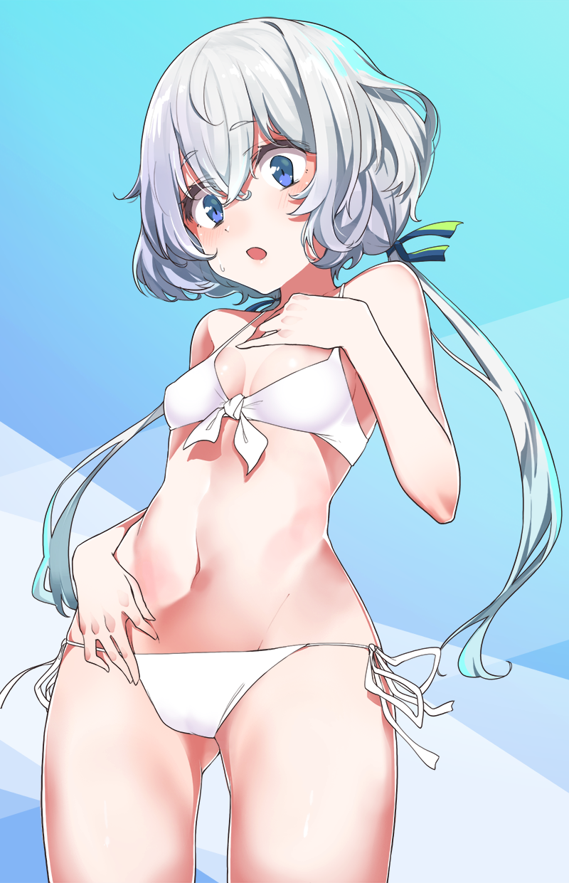 ass_visible_through_thighs bikini blue_eyes blush breasts commentary cowboy_shot eyebrows_visible_through_hair from_below front-tie_bikini front-tie_top hand_on_own_chest highres konno_junko konnyaku_(kk-monmon) long_hair low_twintails open_mouth side-tie_bikini silver_hair small_breasts solo sweatdrop swimsuit twintails white_bikini zombie_land_saga
