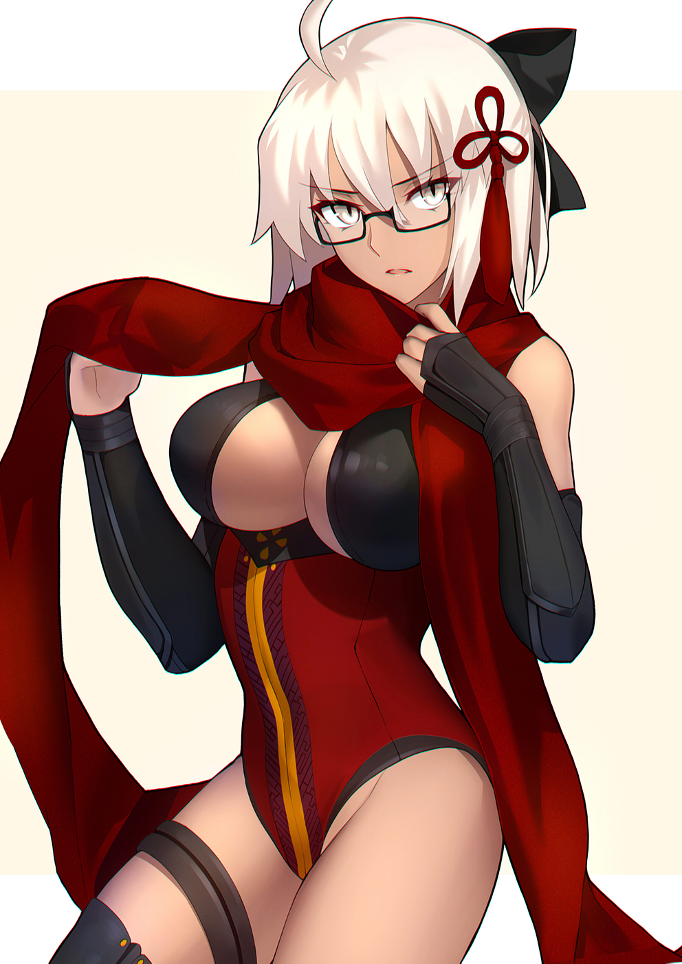 ahoge arm_guards bangs bare_shoulders black-framed_eyewear black_bow bow breasts cleavage cleavage_cutout commentary dark_skin detached_sleeves fate/grand_order fate_(series) glasses hair_between_eyes hair_bow highres hips koha-ace large_breasts leotard looking_at_viewer okita_souji_(alter)_(fate) okita_souji_(fate)_(all) open_mouth red_leotard red_scarf scarf shiguru simple_background solo tassel thigh_strap thighs tied_hair white_eyes white_hair