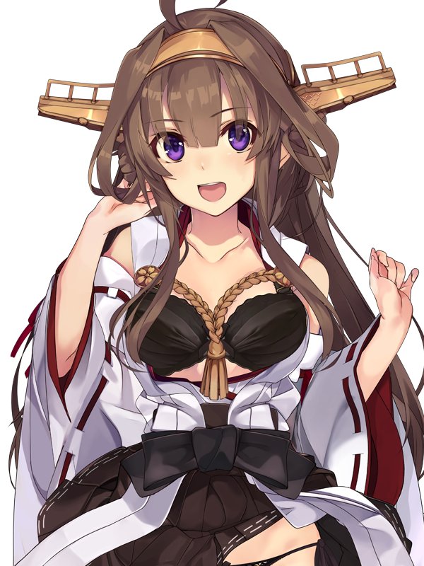 ahoge aiguillette bangs bare_shoulders black_bra black_panties black_skirt blush bra breasts brown_hair cleavage collarbone commentary_request cowboy_shot detached_sleeves double_bun eyebrows_visible_through_hair hair_between_eyes hairband hand_up headgear japanese_clothes kantai_collection kongou_(kantai_collection) large_breasts long_hair looking_at_viewer nontraditional_miko open_mouth panties purple_eyes remodel_(kantai_collection) shirokitsune side-tie_panties sidelocks simple_background skirt smile solo underwear white_background wide_sleeves