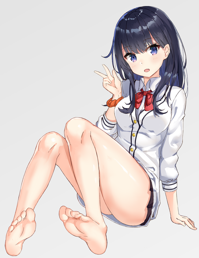 barefoot black_hair blue_eyes bow bowtie commentary_request eyebrows_visible_through_hair grey_background legs long_hair looking_at_viewer noboru_(kamine204136) open_mouth red_neckwear shirt simple_background sitting solo ssss.gridman takarada_rikka white_cardigan white_shirt