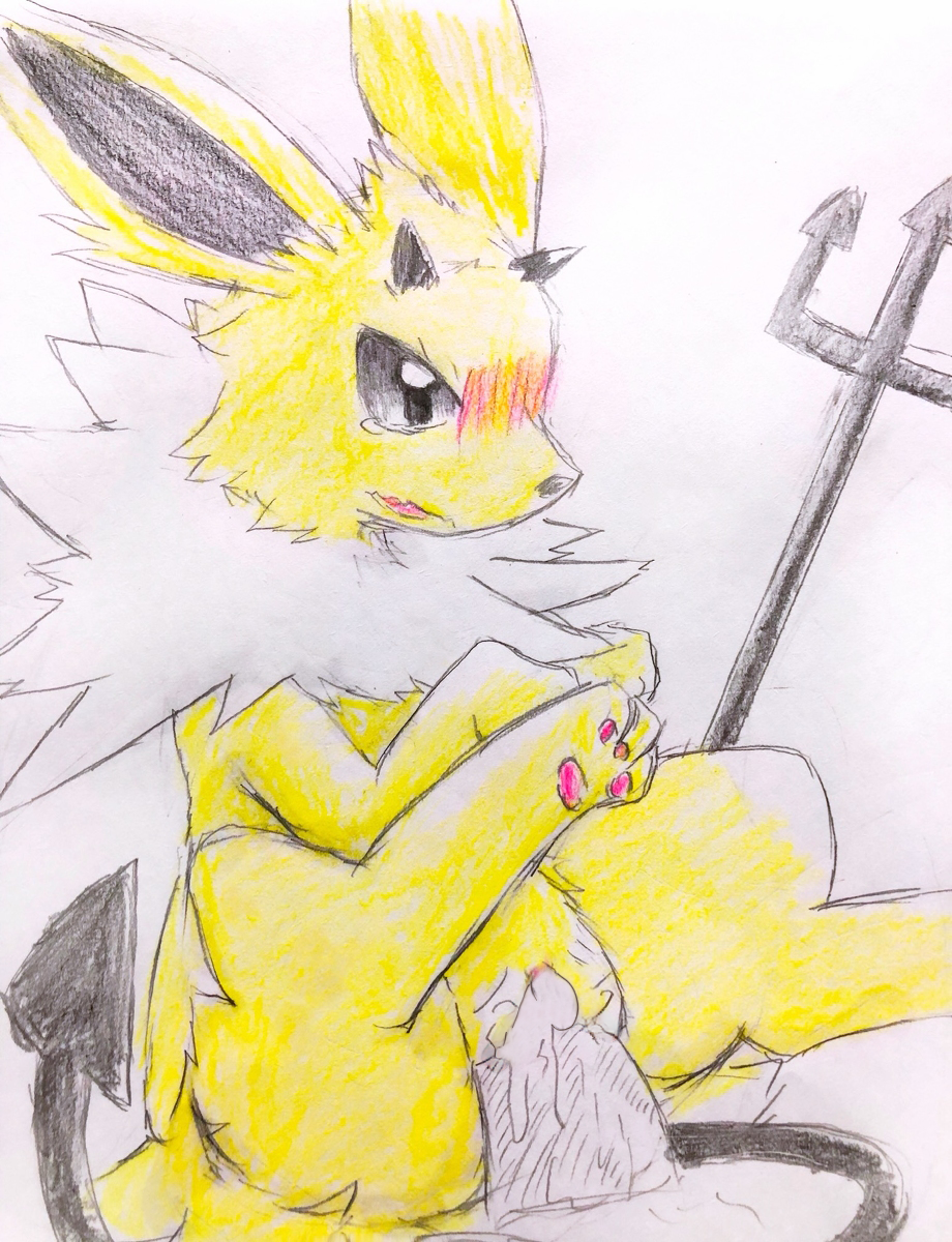black_eyes black_nose blush chest_tuft clothing colored_pencil_(artwork) costume cum cum_in_pussy cum_inside disembodied_penis duo edit eeveelution eiroru female feral fur hi_res horn jolteon male male/female melee_weapon nintendo open_mouth pawpads penetration penis pink_pawpads pitchfork pok&eacute;mon pok&eacute;mon_(species) polearm pussy pussy_juice sex simple_background snout solo solo_focus spread_legs spreading tears traditional_media_(artwork) trident tuft uncensored vaginal vaginal_penetration video_games weapon white_fur yellow_fur